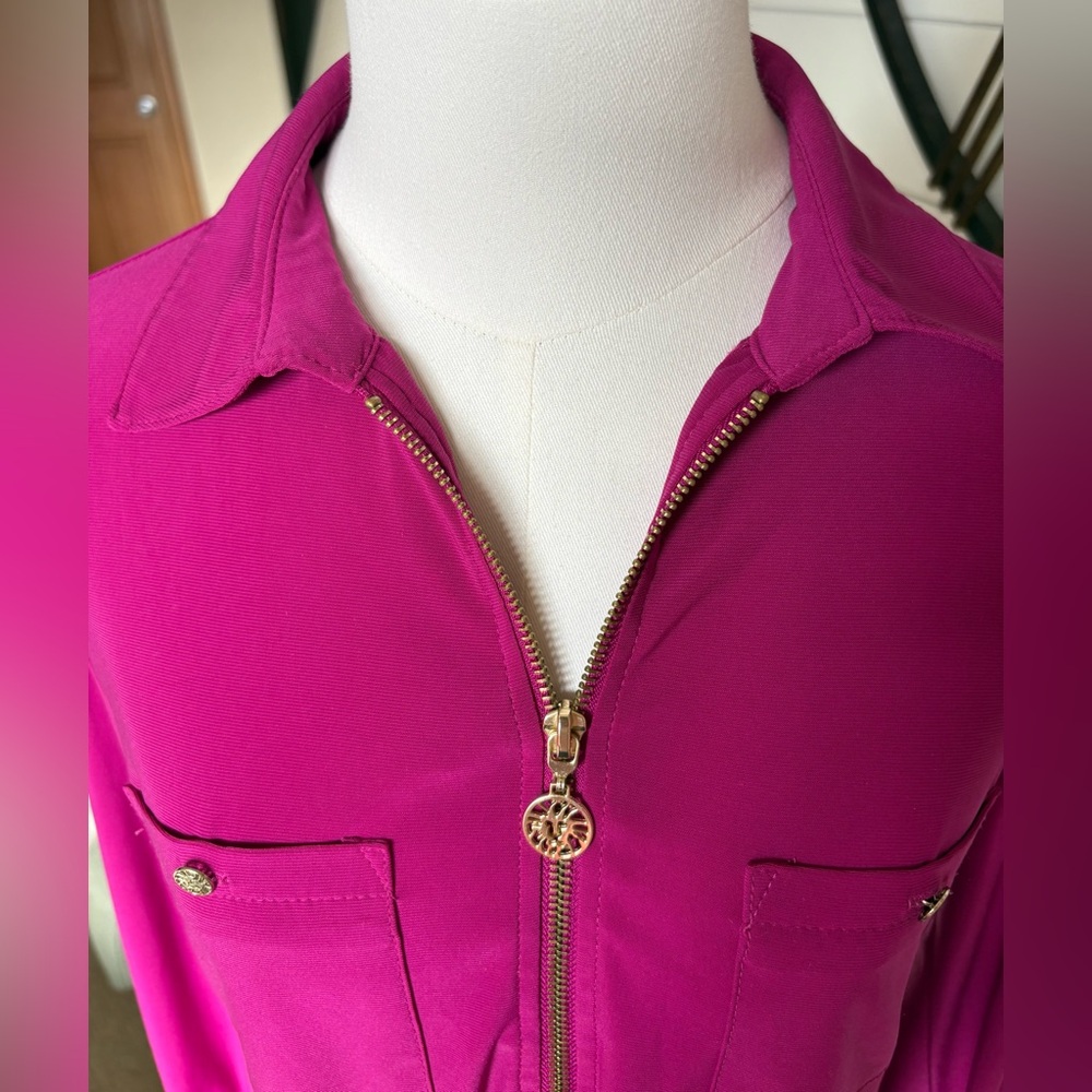 Anne Klein Magenta Half Zip Blouse w 2 Chest Pockets, Long Sleeves w Roll-Tabs - Picture 5 of 9